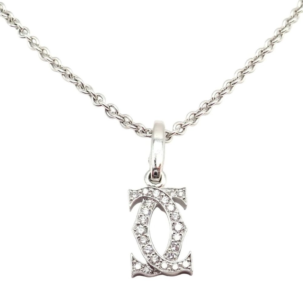 Authentic! Cartier Double C 18k White Gold Diamond Pendant Necklace